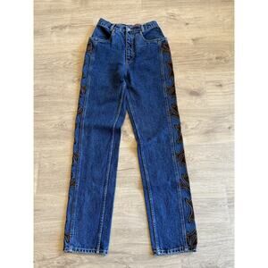 Lawman Vintage Jeans Women Size 7 Western Denim/Leather Studded Pants Blue/Brwn